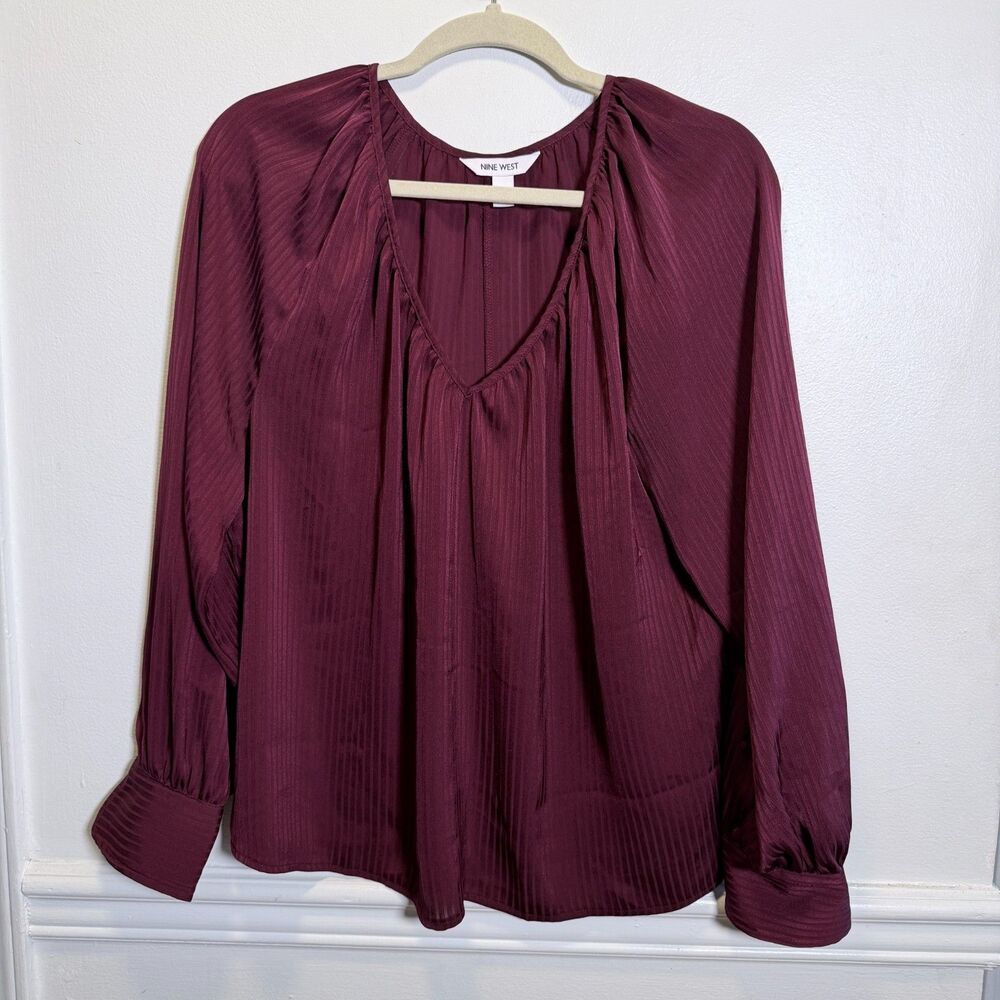 Nine West Burgundy Poet Blouse L Balloon Sleeve V Neck Dark Academia Romantic